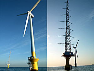洋上風車（左）、洋上風況観測タワー（右）