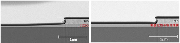 酸エッチング液耐性比較：左がIGZO、右が新酸化物半導体ターゲット材料