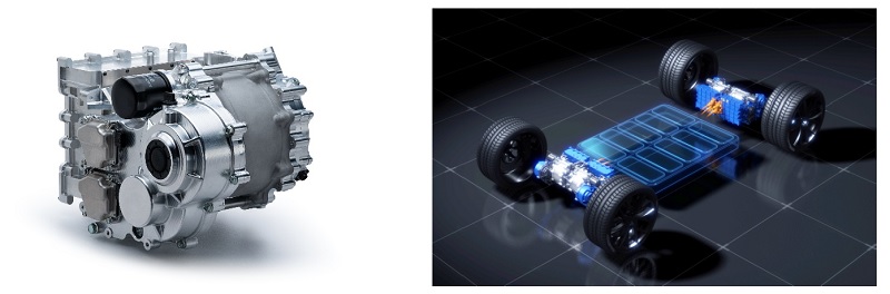 ヤマハ　（左より）電動モーターユニット試作品（350kWクラス）、ユニット活用イメージ（350kWクラス×4基）